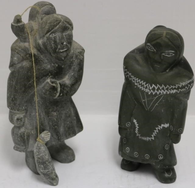 TWO CARVED INUIT STONE FIGURES.