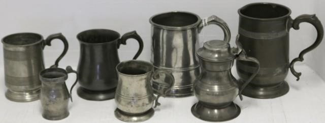 7 ANTIQUE PEWTER HANDLED MUGS, 18TH/19TH