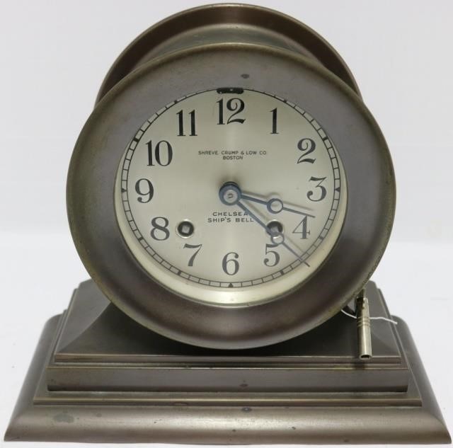 20TH C CHELSEA BRONZE SHIPS CLOCK,