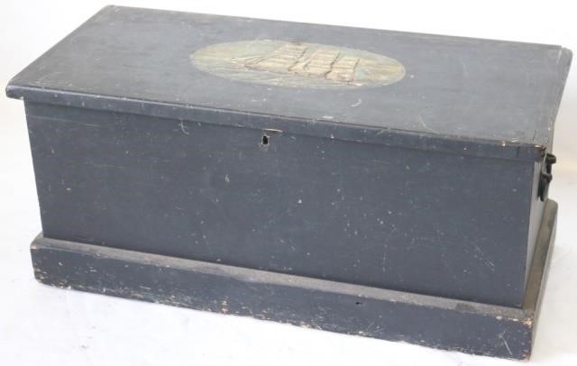 19TH C 6 BOARD LIFT-TOP SEA CHEST, BLACK