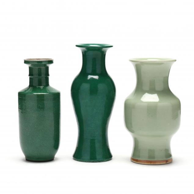 THREE CHINESE MONOCHROME GREEN VASES