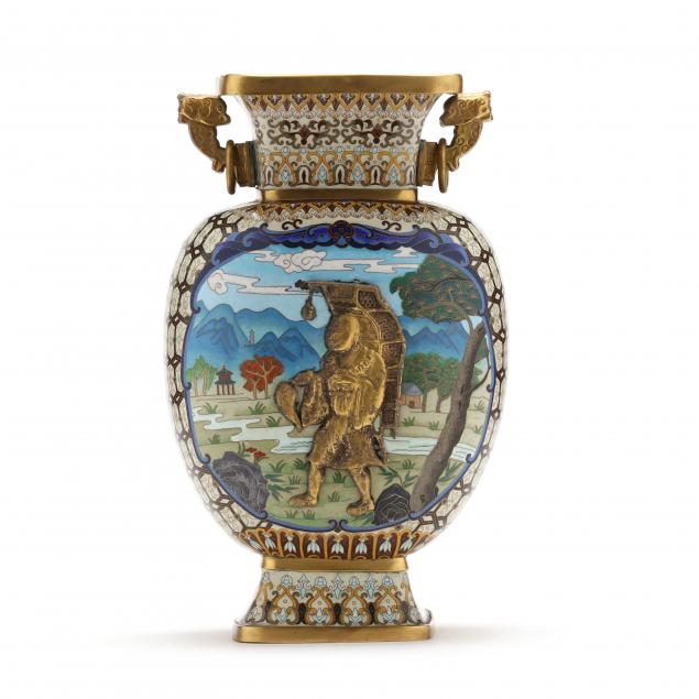 A CHINESE CLOISONNE VASE WITH LANDSCAPE