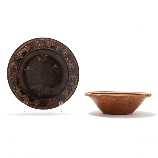 TWO PIECES OF DECORATED REDWARE