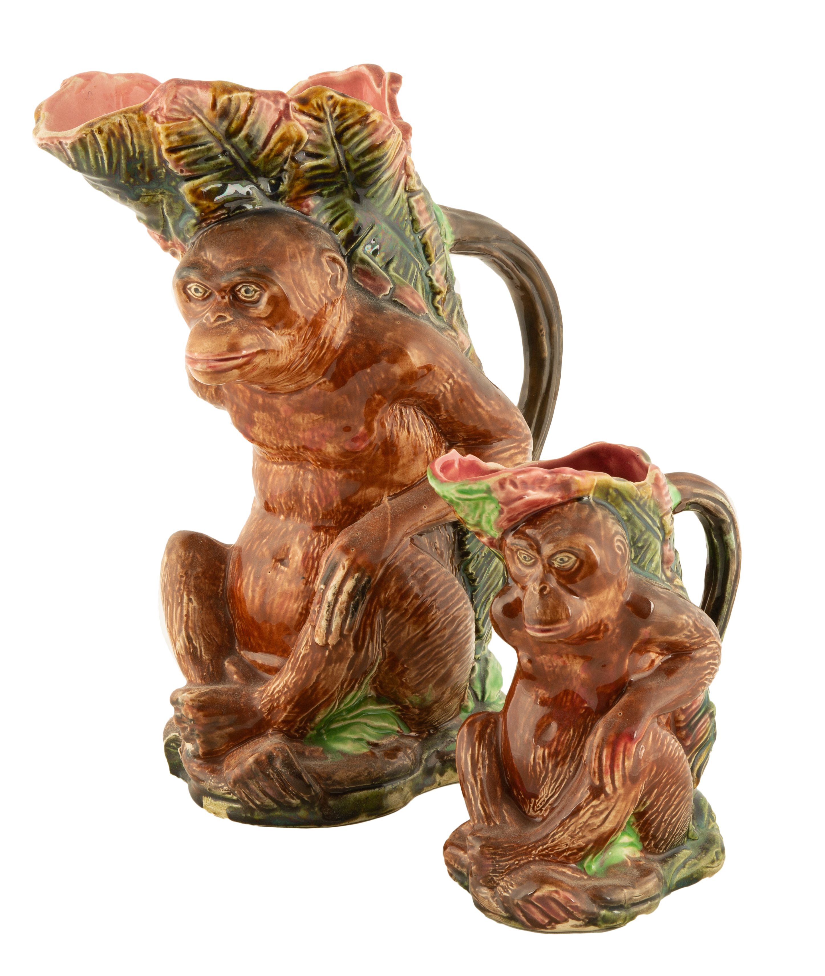 (2) SHORTER & SON, MAJOLICA MONKEY PITCHERS