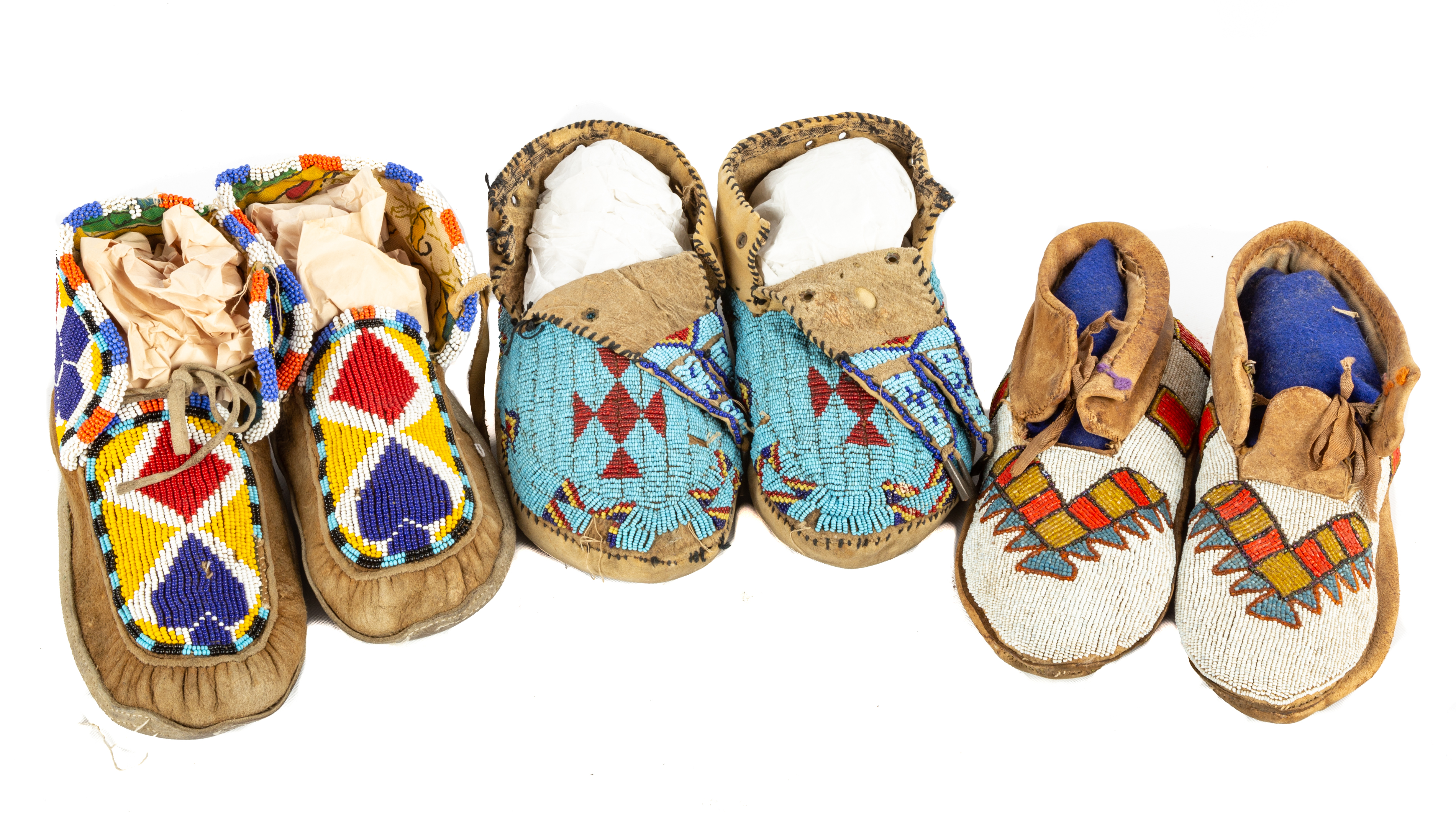 (3) PAIR OF NATIVE AMERICAN BEADED MOCCASINS