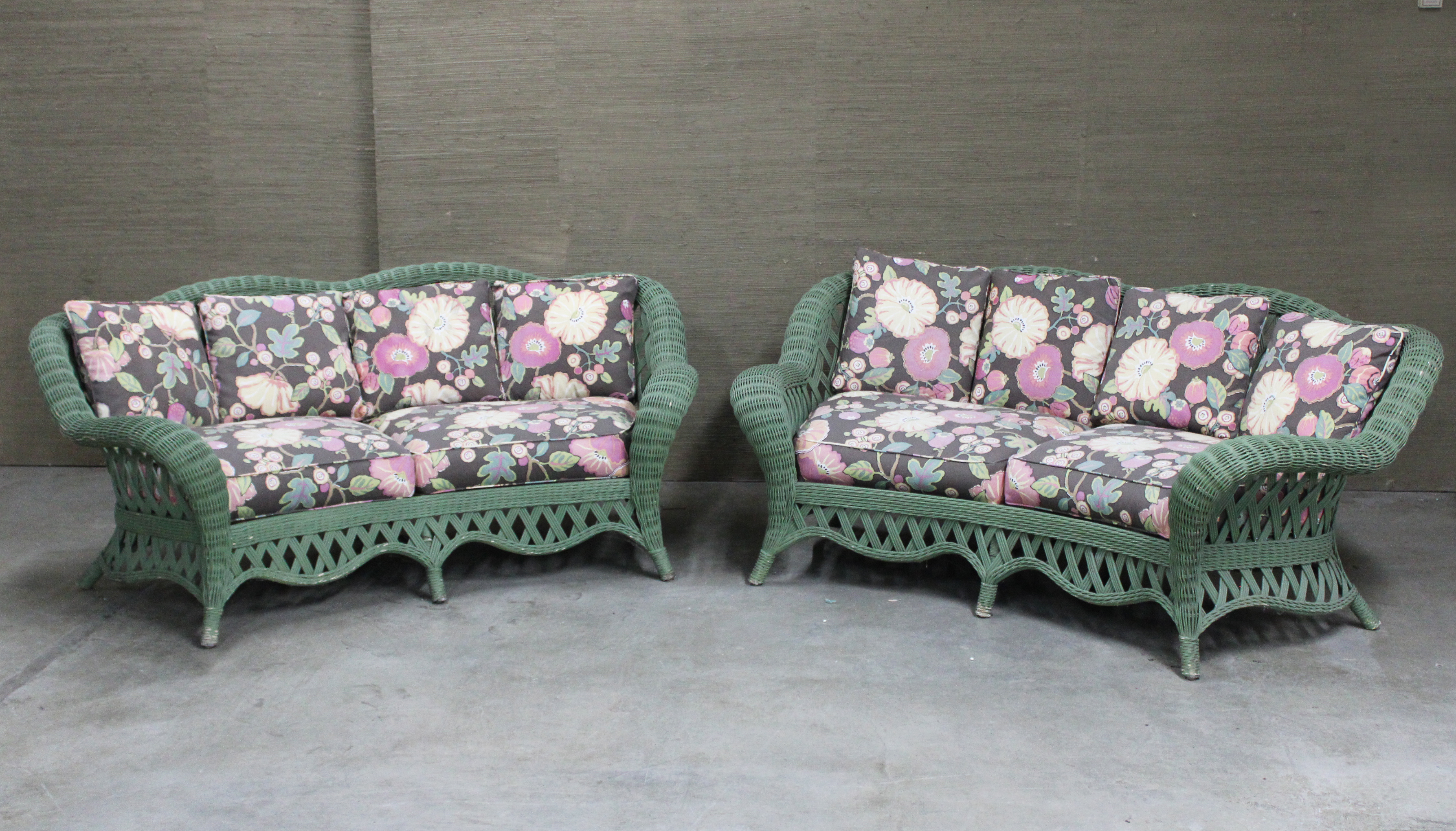 PAIR OF PAINTED WICKER PATIO SOFAS