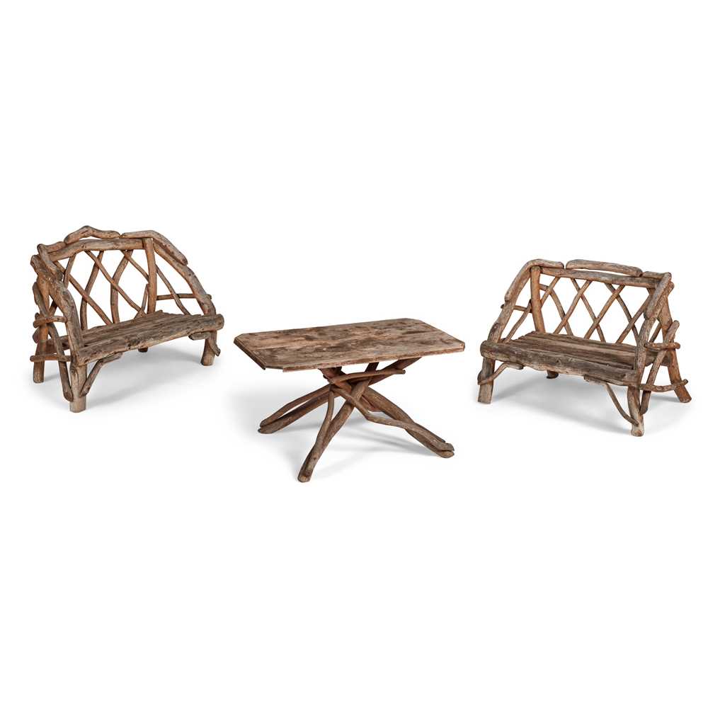 PAIR OF RUSTIC TWIG GARDEN BENCHES 2ca786