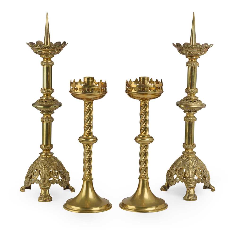 TWO PAIR OF BRASS CANDLESTICKS
19TH