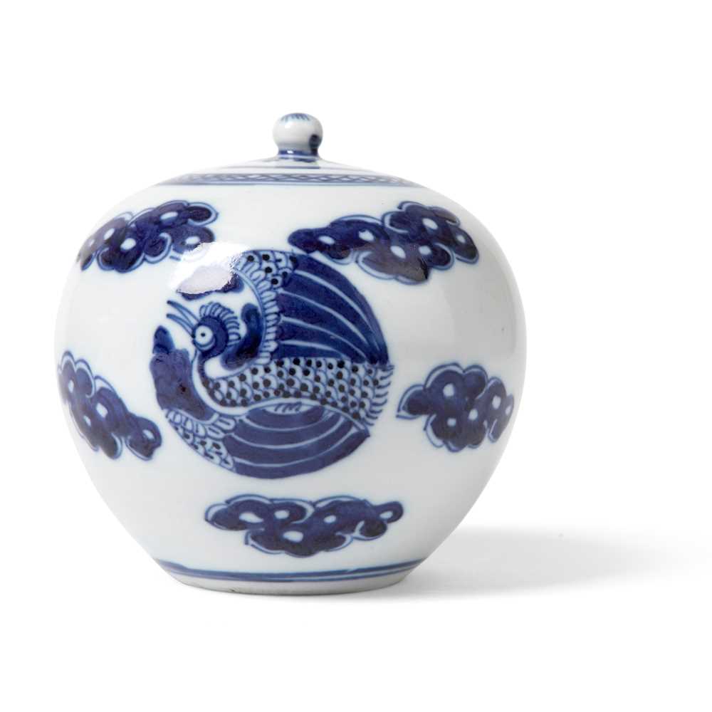 BLUE AND WHITE CRANE LIDDED JAR
QING