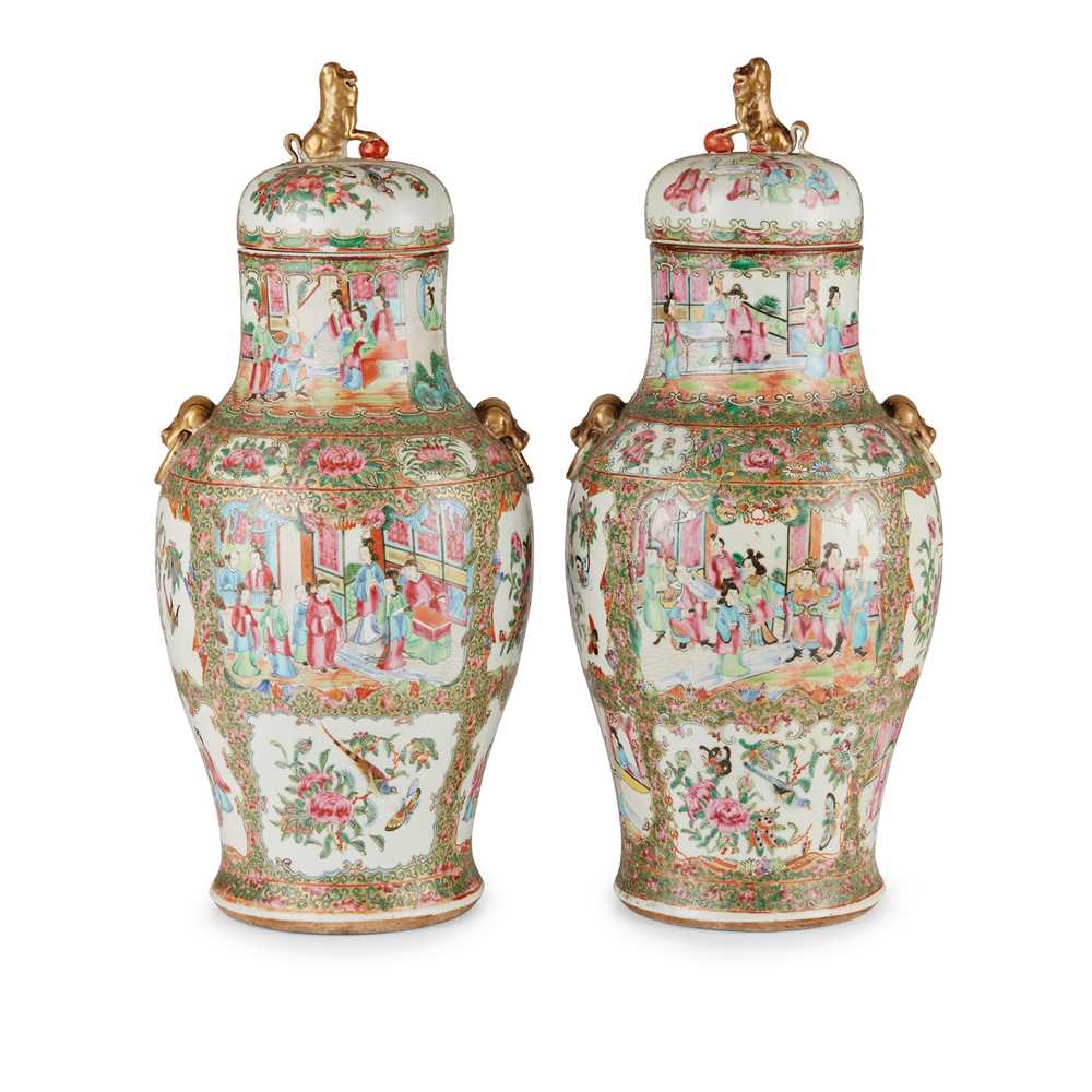 PAIR OF CANTON FAMILLE ROSE VASES