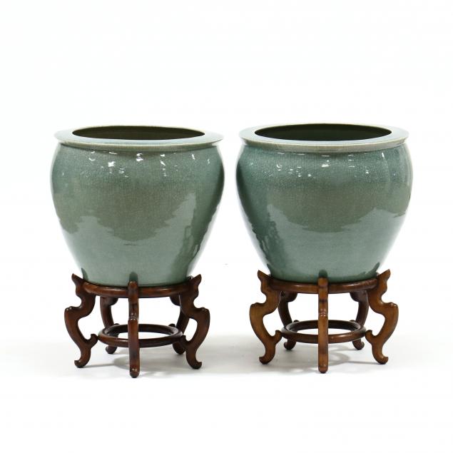 PAIR OF LARGE CELADON CRACKLE GLAZE