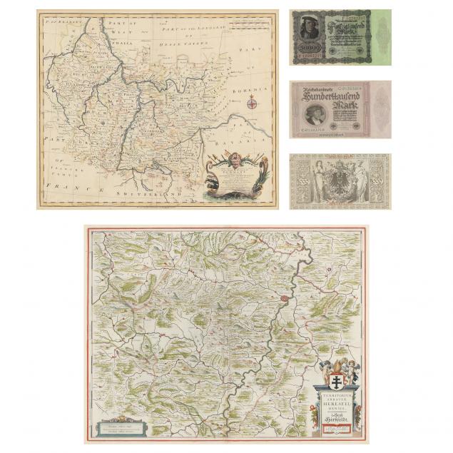 TWO EARLY MAPS AND FRAMED CURRENCY 2c92cc