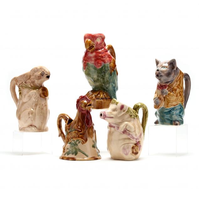 FIVE FIGURAL MAJOLICA PITCHERS 2c9309