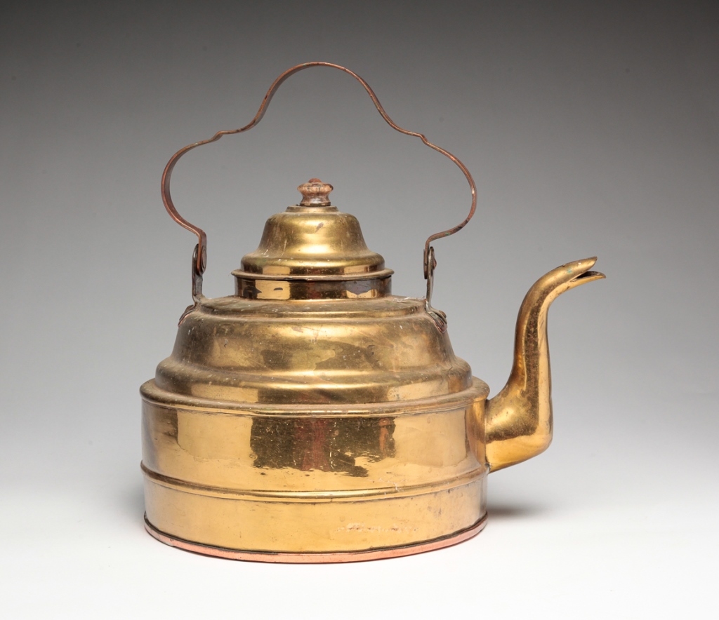 BRASS TEA KETTLE SIGNED "HOLCOMB".