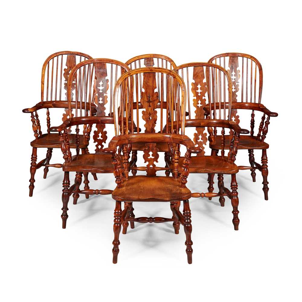 SET OF EIGHT YEW WOOD WINDSOR ARMCHAIRS
19TH