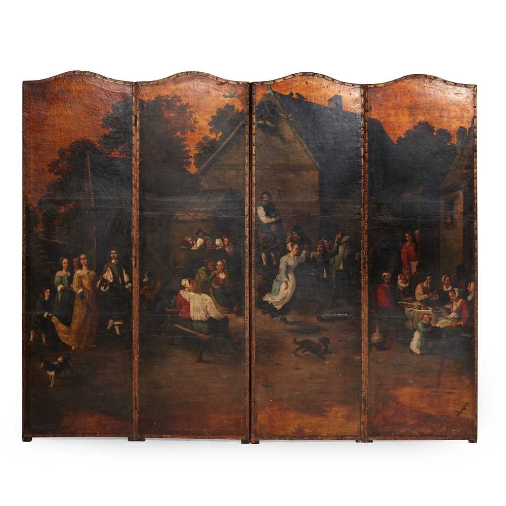 DUTCH PAINTED LEATHER FOUR-FOLD