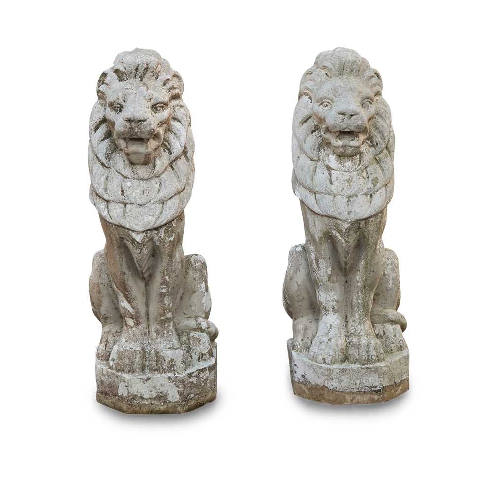 PAIR OF COMPOSITION STONE LIONS,