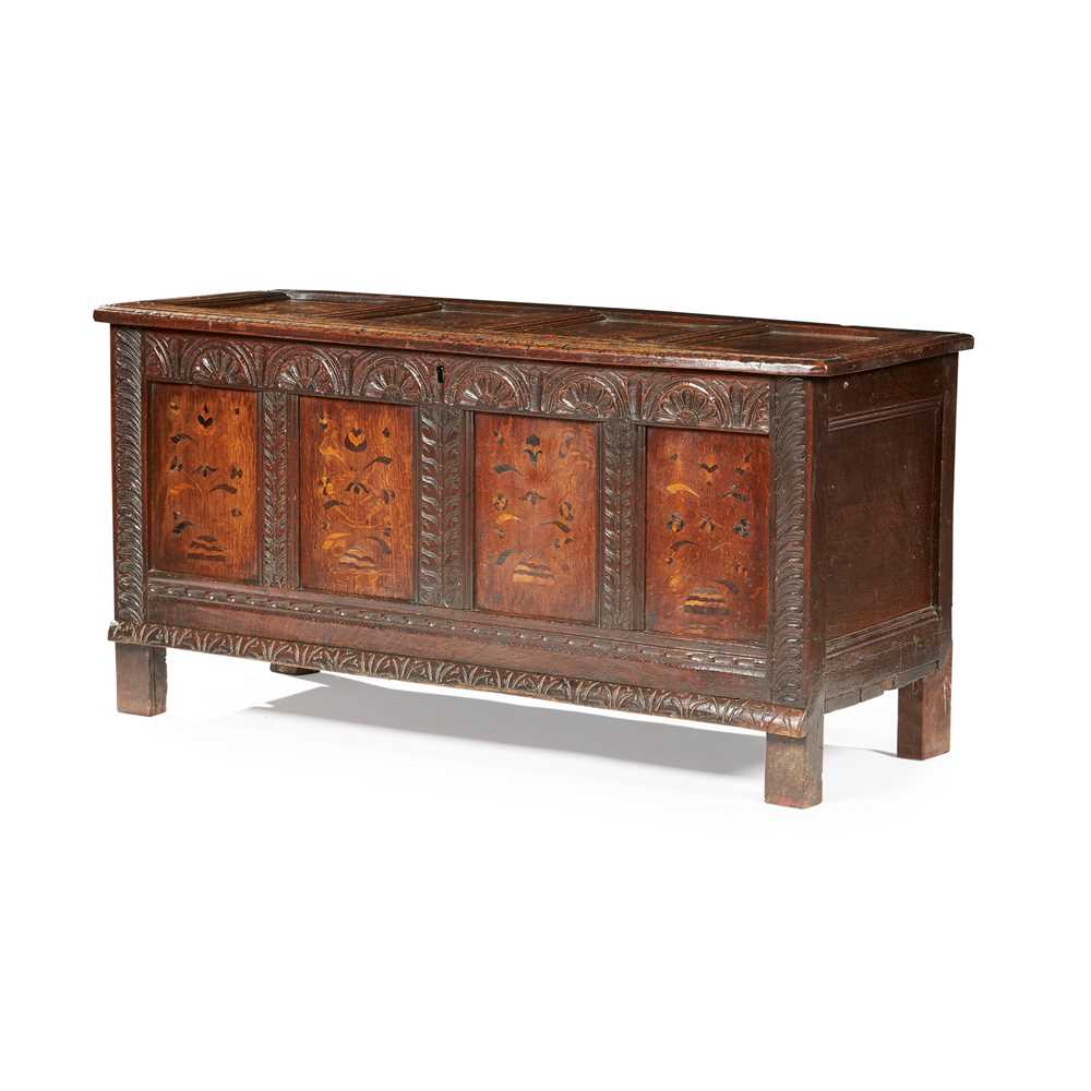OAK AND MARQUETRY DOWER CHEST,
