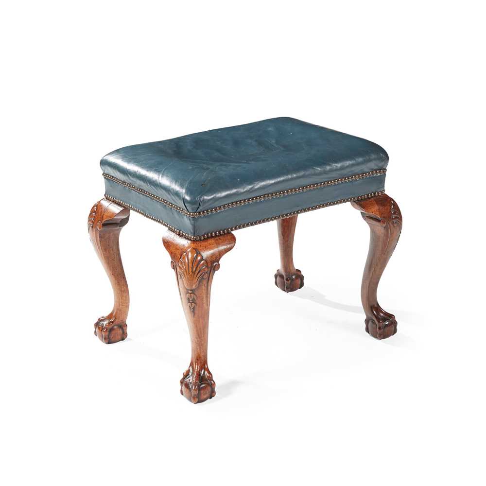 GEORGE II WALNUT AND LEATHER UPHOLSTERED