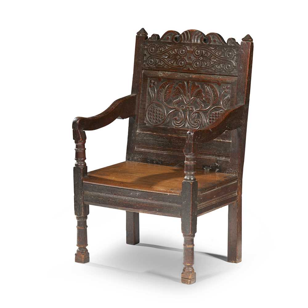 CARVED OAK ARMCHAIR, LANCASHIRE