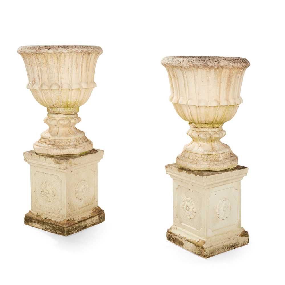 PAIR OF COMPOSITION STONE URNS 2cce05