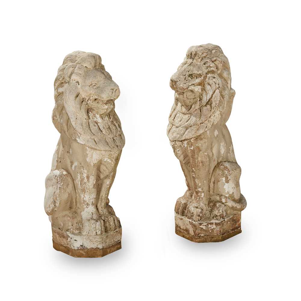 PAIR OF COMPOSITION STONE LIONS 20TH 2cce08