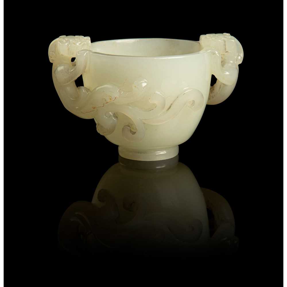 WHITE JADE CUP WITH DRAGON HANDLES
QING
