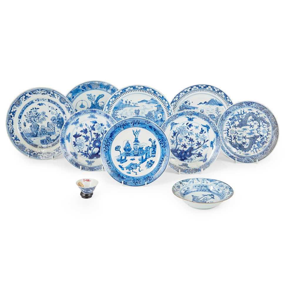 GROUP OF TEN BLUE AND WHITE WARES
QING