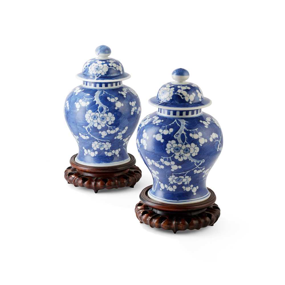 PAIR BLUE AND WHITE LIDDED JARS
LATE