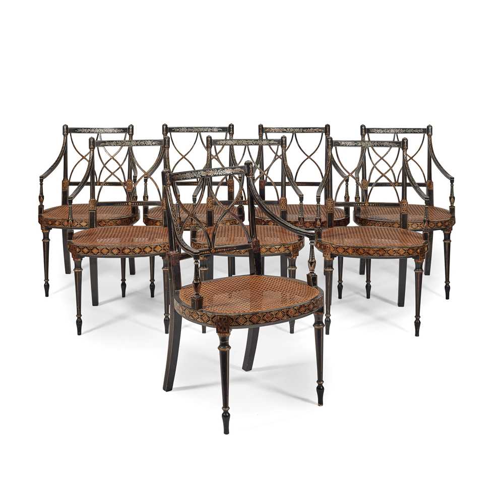 SET OF EIGHT REGENCY EBONISED SILVERED