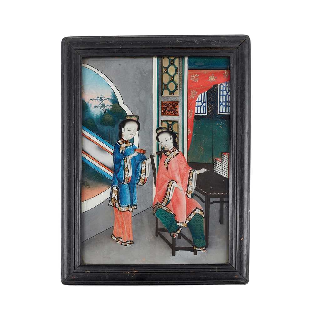 REVERSE GLASS PAINTING OF LADIES LATE 2cb569