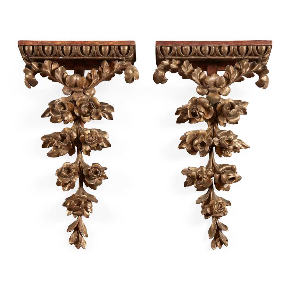 PAIR OF CARVED PAINTED AND GILTWOOD