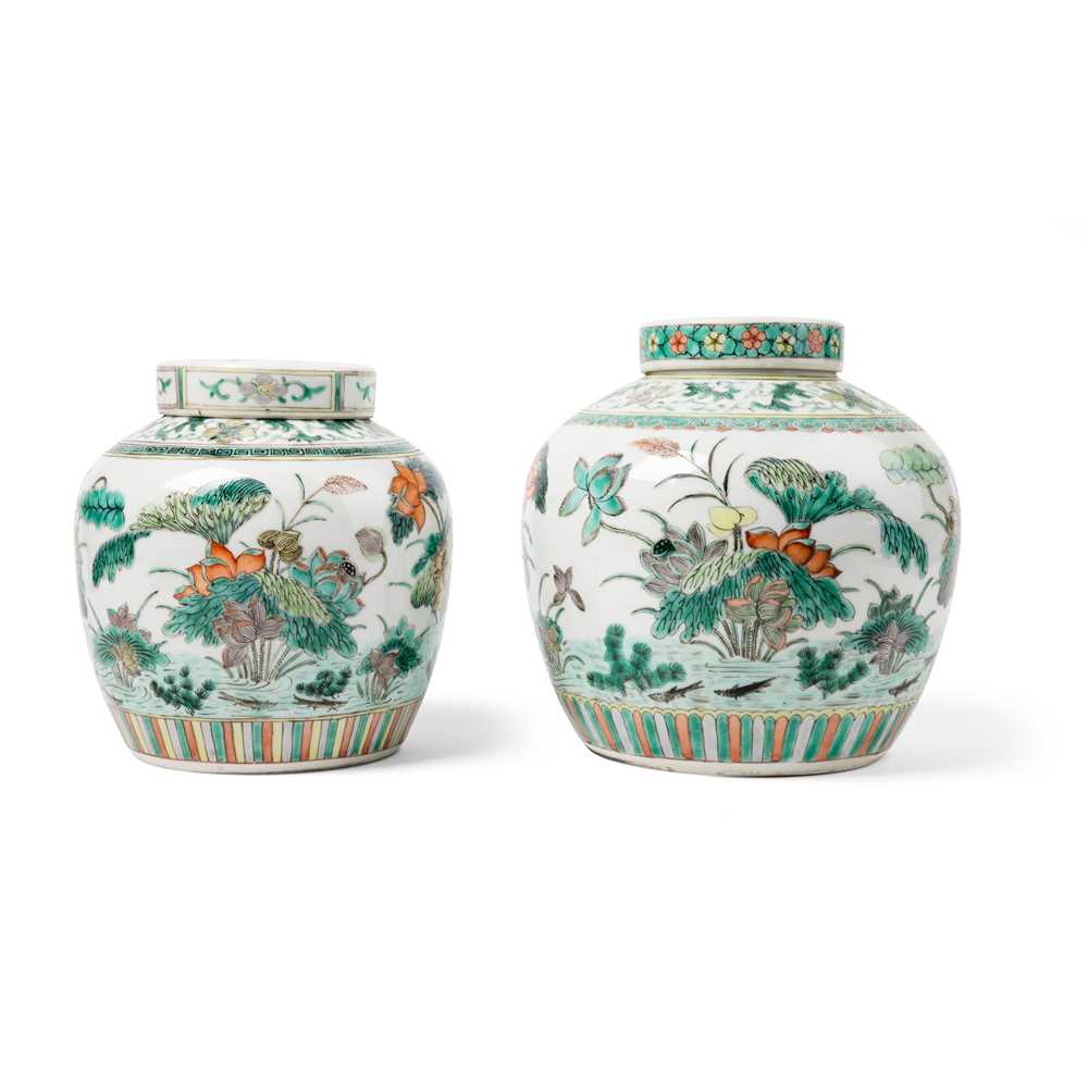 TWO FAMILLE VERTE GINGER JARS AND COVERS
QING