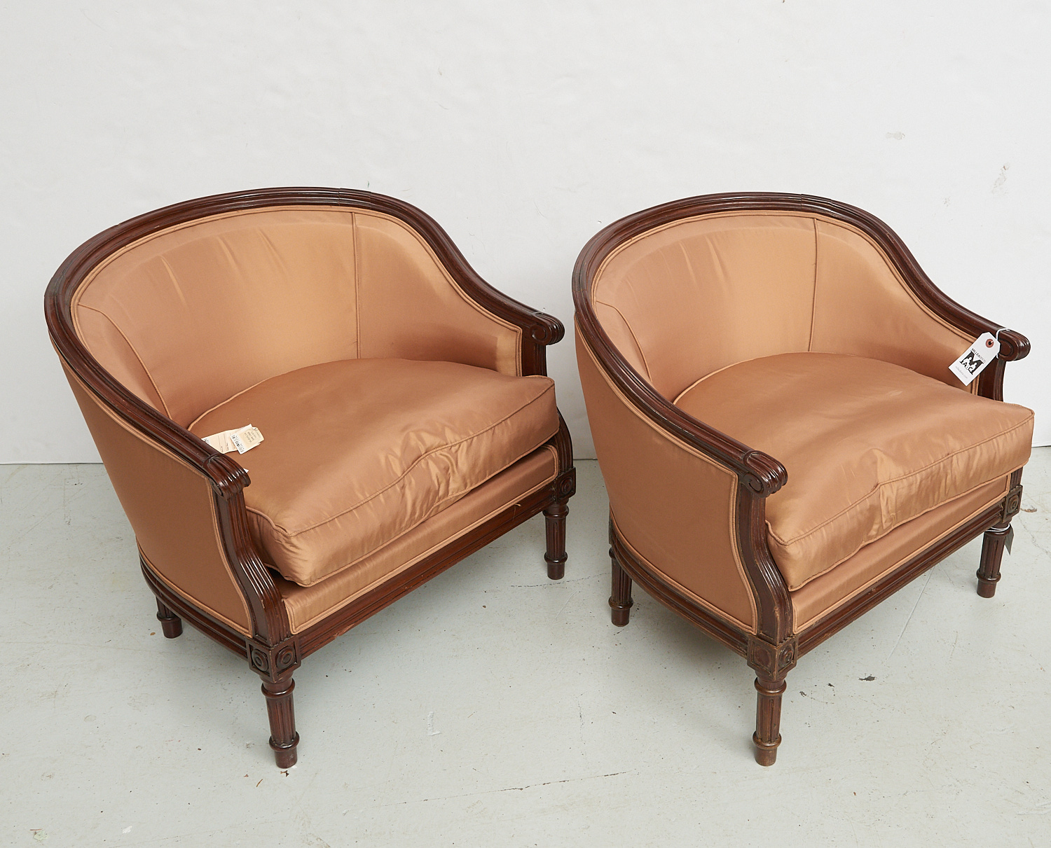 PAIR SILK UPHOLSTERED PETIT WALNUT 2cec21