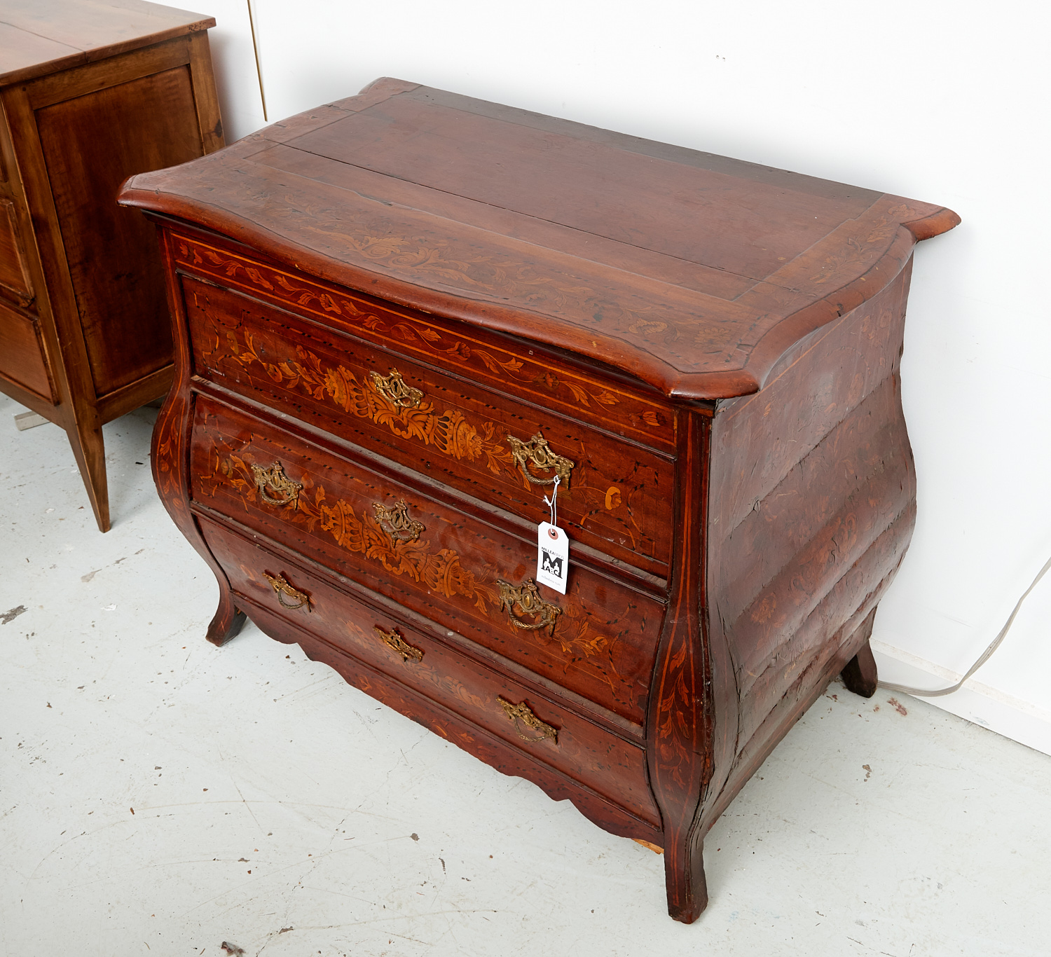 DUTCH MARQUETRY INLAID BOMBE COMMODE