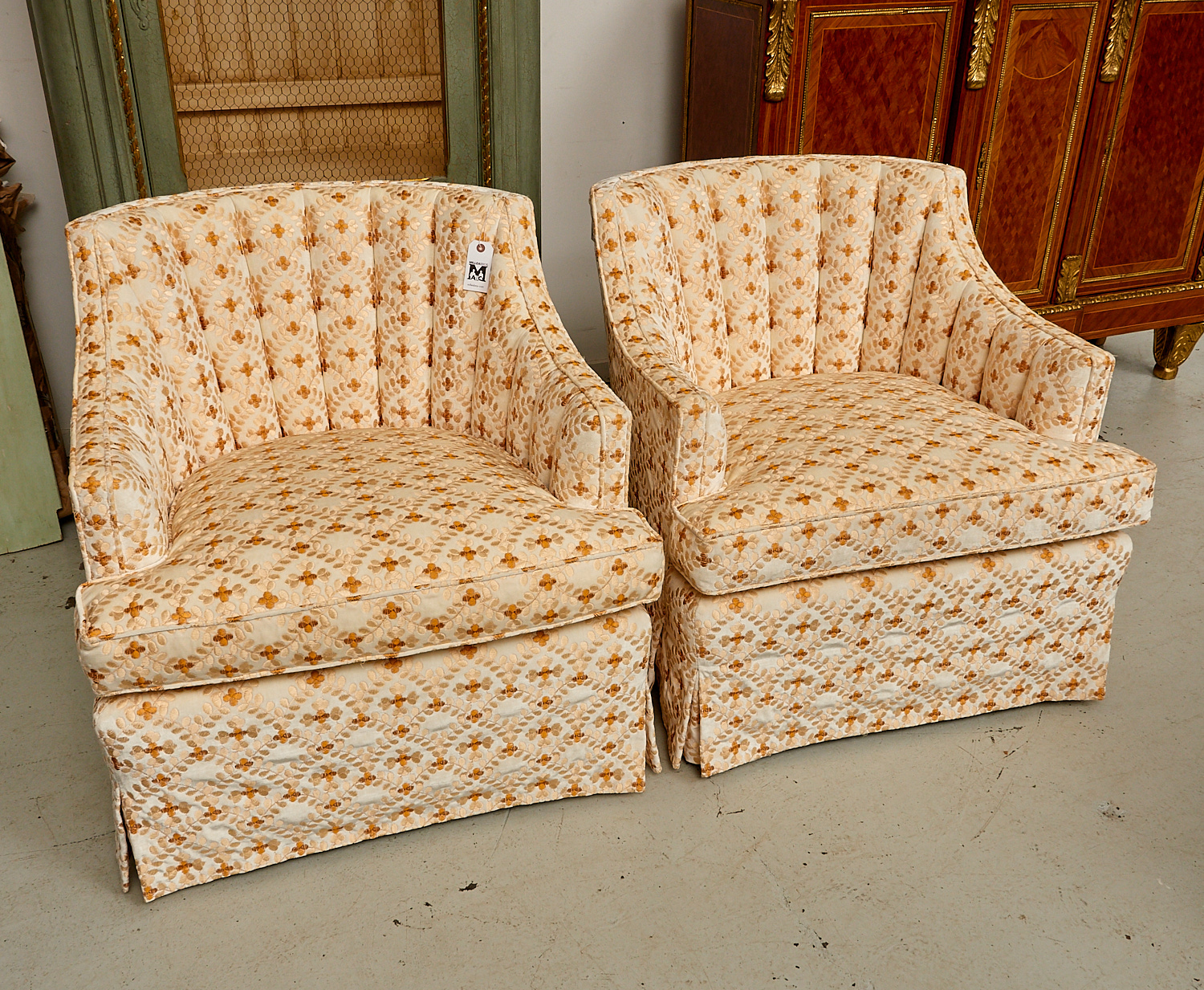 PAIR SKIRTED FAN BACK CLUB CHAIRS