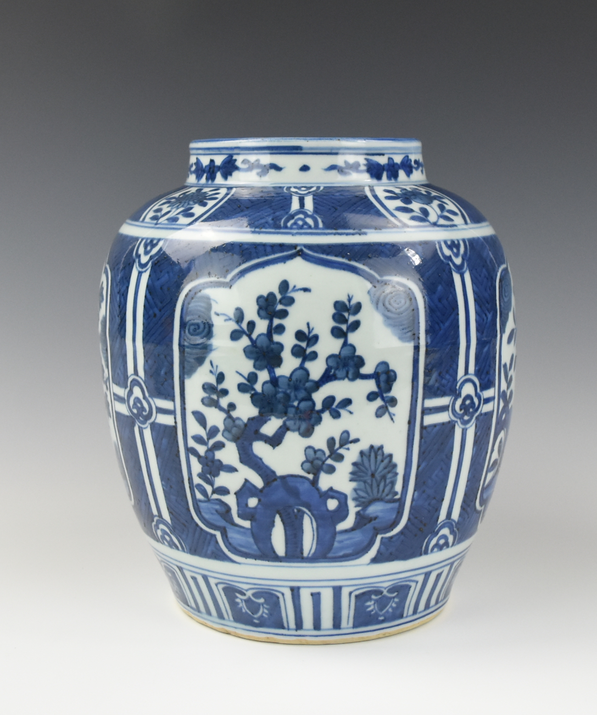 CHINESE BLUE & WHITE JAR W/ FLOWER,