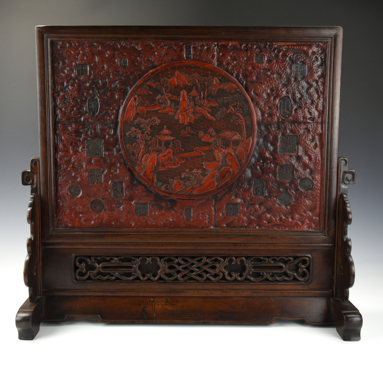 CHINESE CARVED LACQUER SCREEN W/