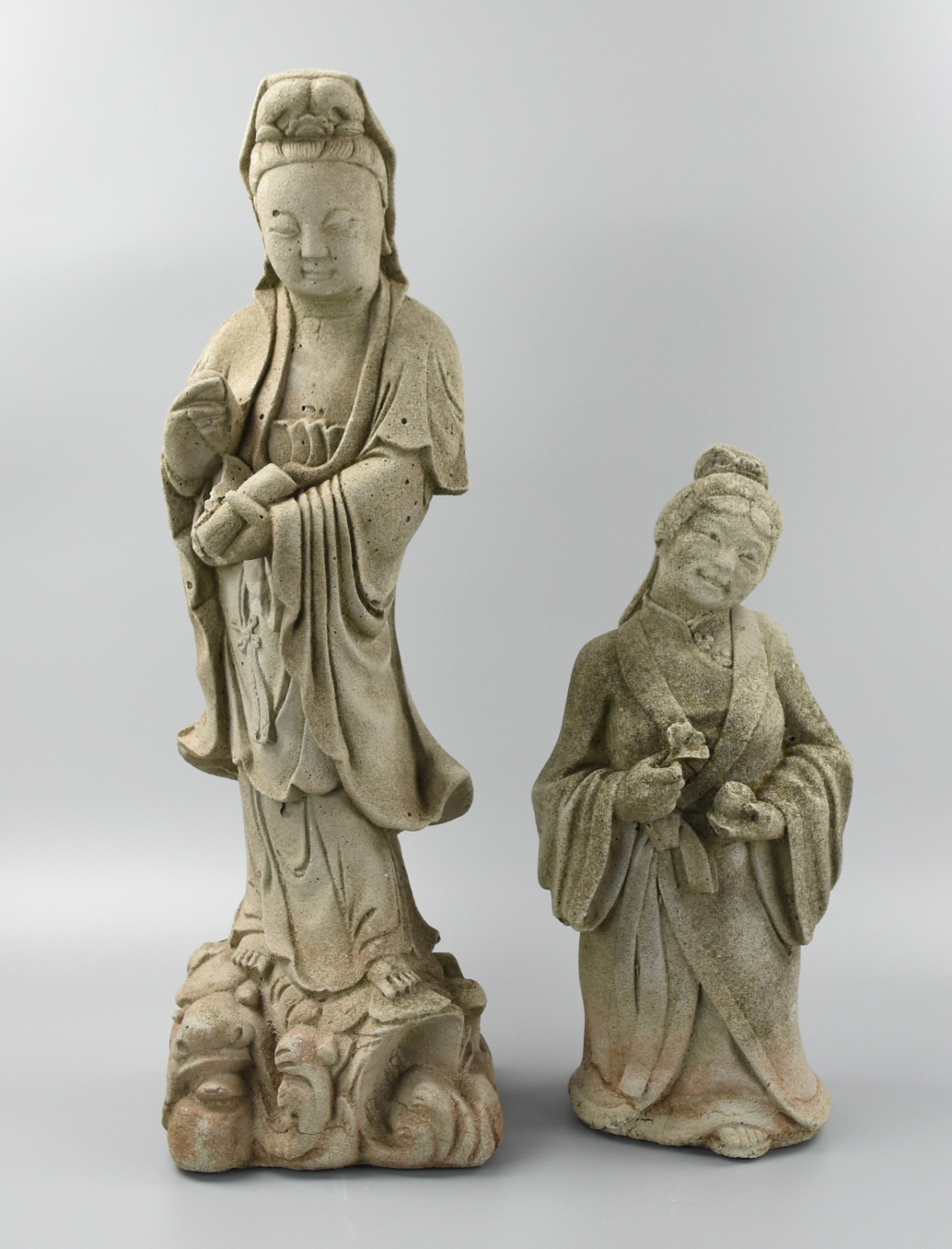 TWO LARGE CARVED STONE: GUANYIN