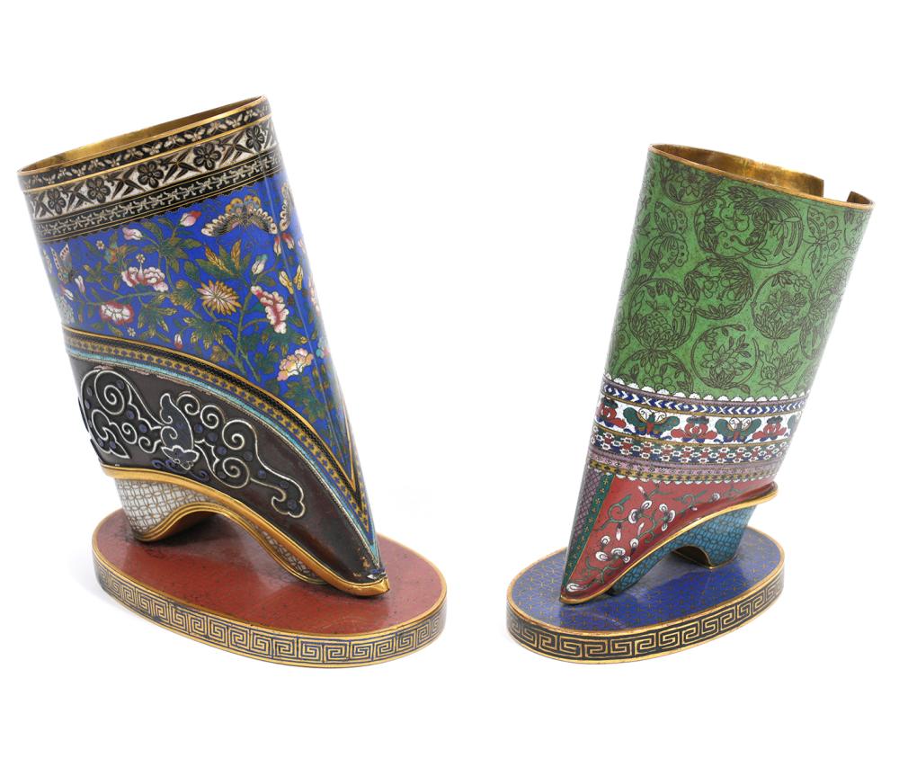 2 CHINESE BRONZE CLOISONNE SHOES