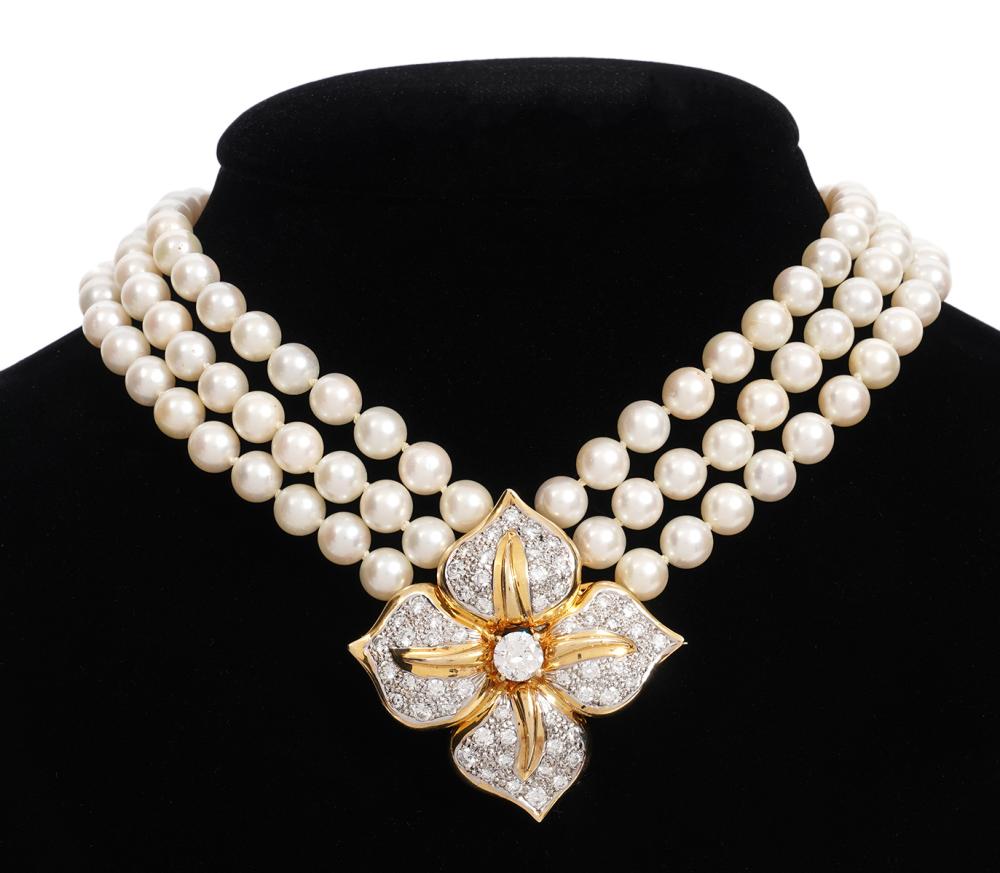 TRIPLE STRAND PEARL, DIAMOND & 14K YG