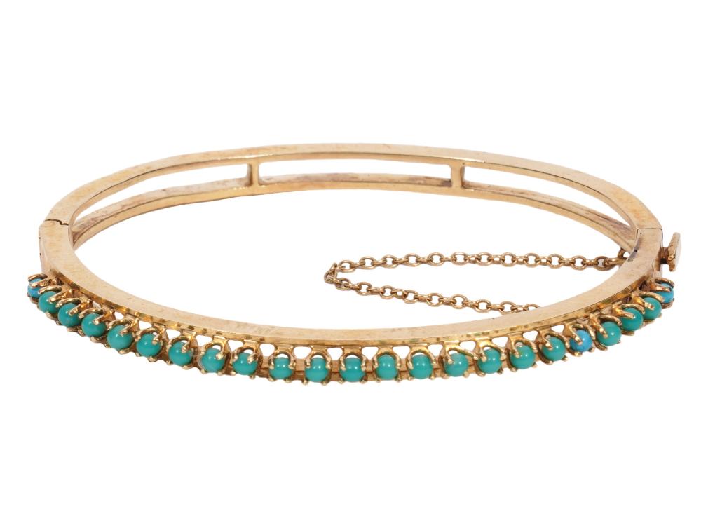 14K YG TURQUOISE WIDE BANGLE BRACELET!4K