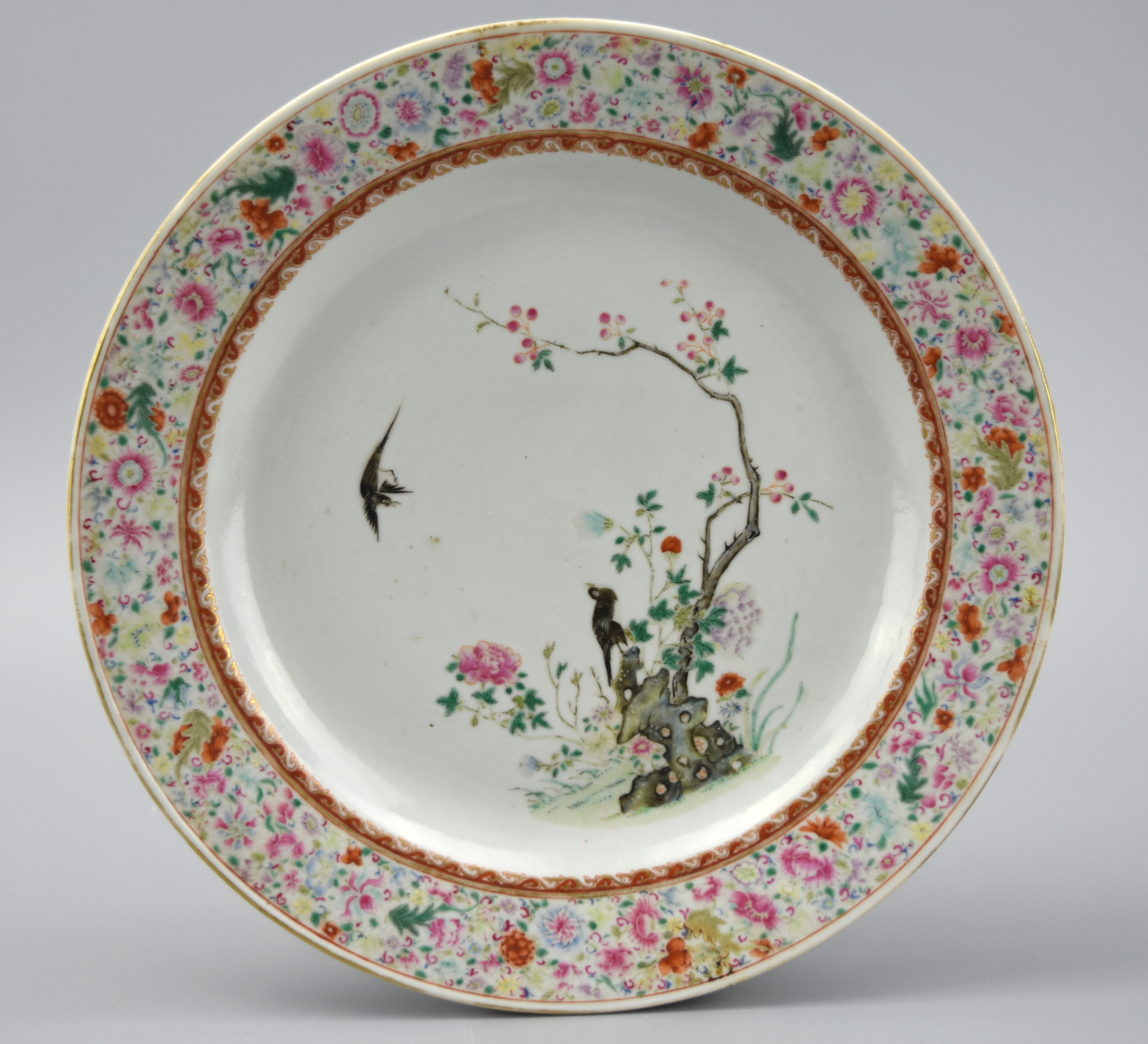 CHINESE FAMILLE ROSE PLATE W TREE BIRD 19TH 2cf61b