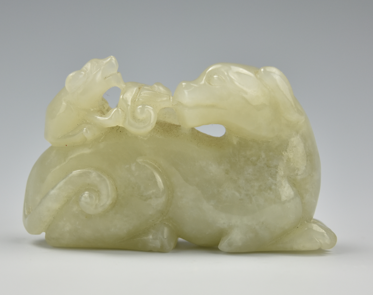 CHINESE WHITE JADE FOO DOG & PUP, 20TH