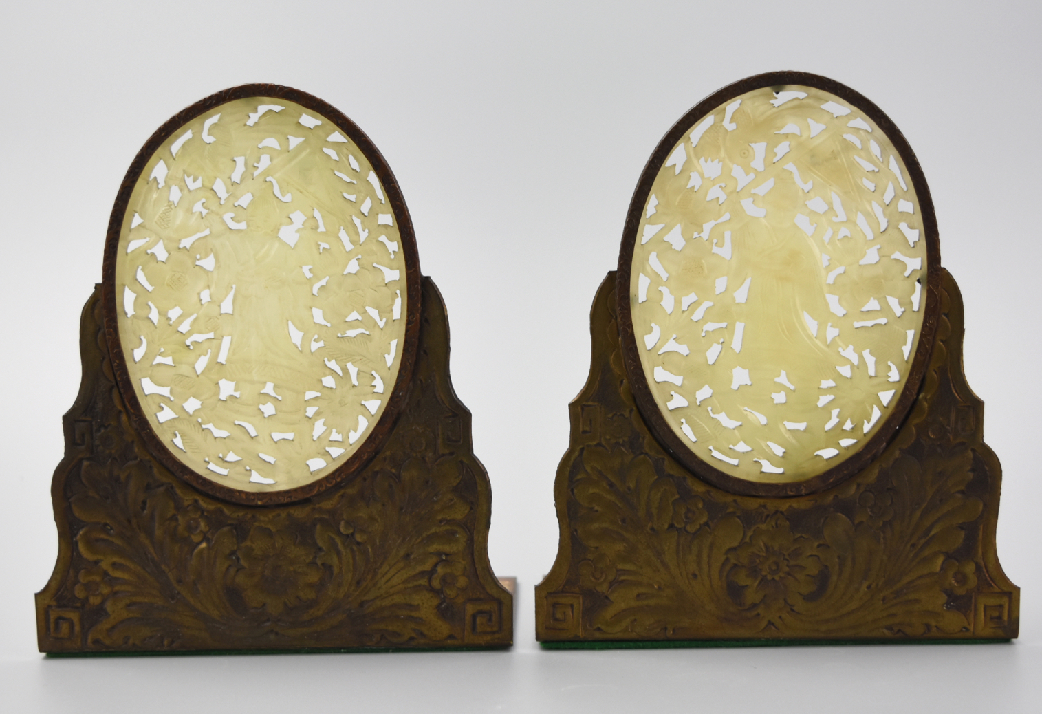 CHINESE PAIR OF BRASS & JADE BOOKENDS,QING