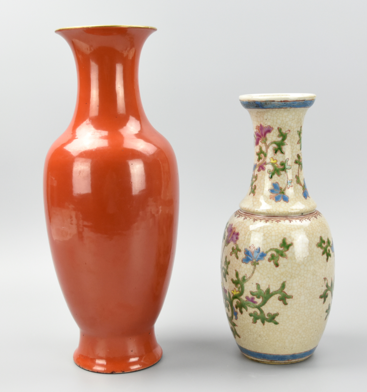 TWO CHINESE VASES,CORAL RED & GE
