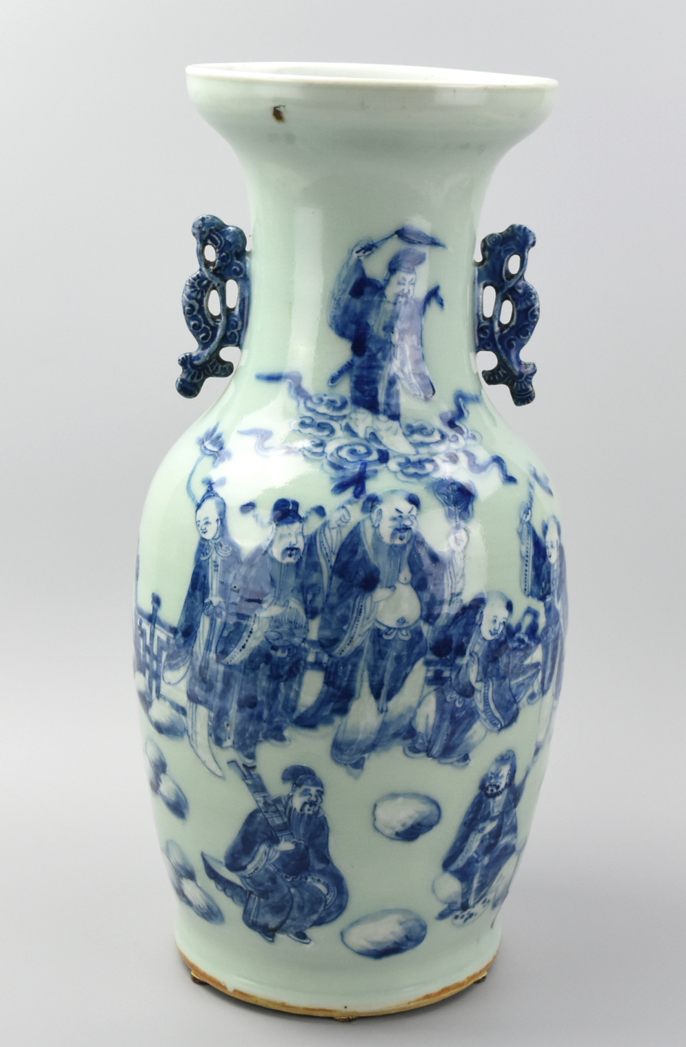 CHINESE CELADON B & W VASE W/ FIGURES,19TH