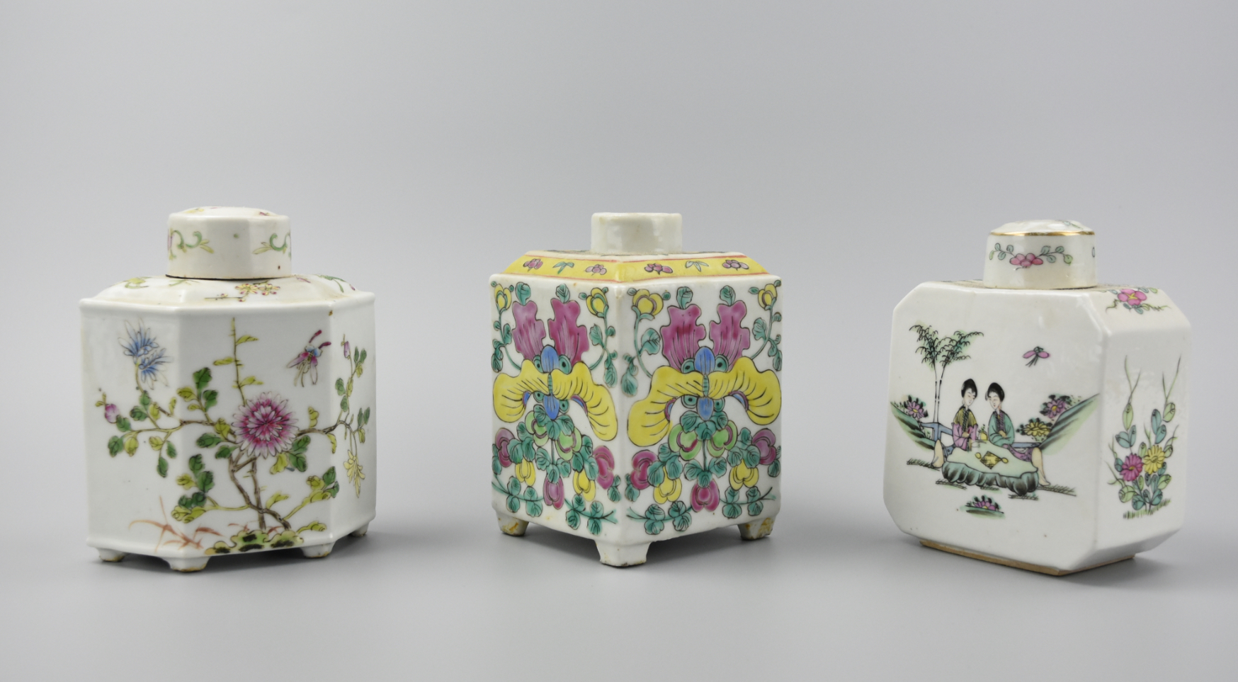 (3) CHINESE FAMILLE ROSE TEA CADDY,