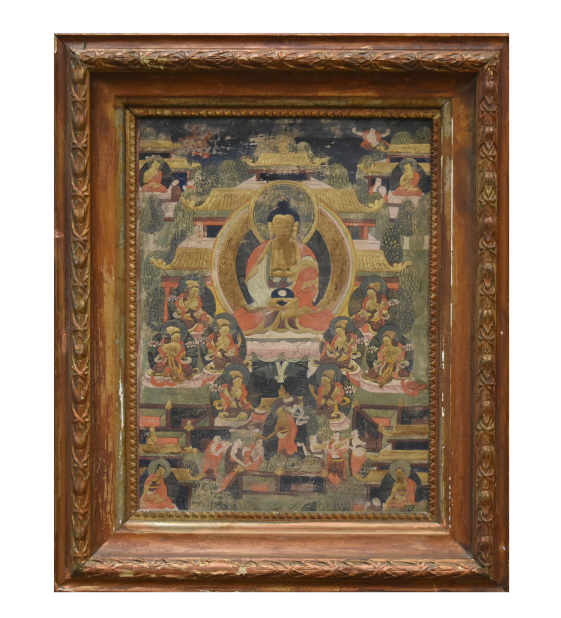 CHINESE FRAMED TANGKA W GILT BODHISATTVAS QING 2cf818