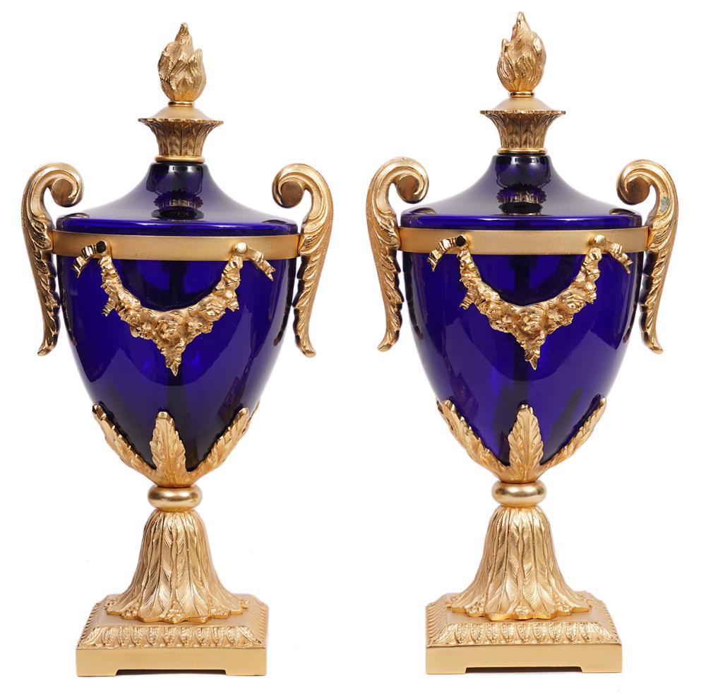 COBALT GLASS AND GILT BRONZE URNSCobalt 2cfed7